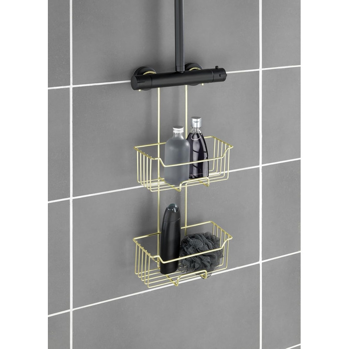 WENKO Thermostat Shower Caddy Model Milo, 2 Tiers, Shower Shelf for Hanging on the Faucet, Stainless Steel (Rustproof) Shelf, 25 x 55 x 14 cm, Gold