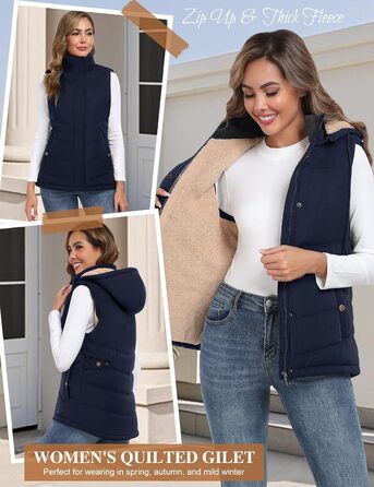 Жіноча степкова жилетка Tuopuda з капюшоном, флісова підкладка, тепла зимова куртка без рукавів, термо жилетка з коміром-стійкою, на блискавці, осінь/зима (темно-синій, XXL)