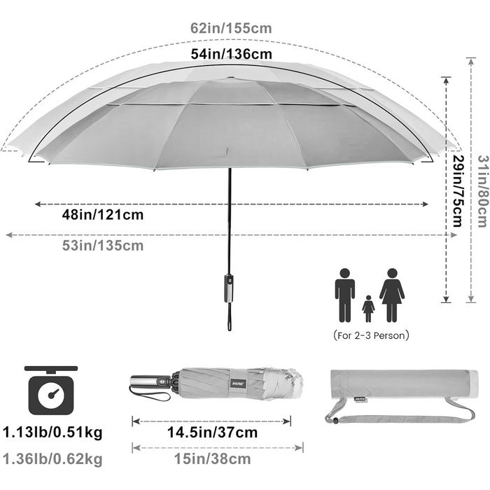 G4Free Гольф-парасолька велика, 10 ребер, автоматична, стійка до вітру, сіра (54 дюйми)