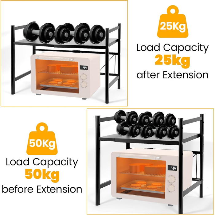 Регульована підставка для мікрохвильовки 2-ярусна, розширювана полиця для кухні з вуглецевої сталі з 8 гачками, органайзер для кухонних аксесуарів, стійка для мікрохвильовки та полиця для зберігання, кухонна полиця для випічки