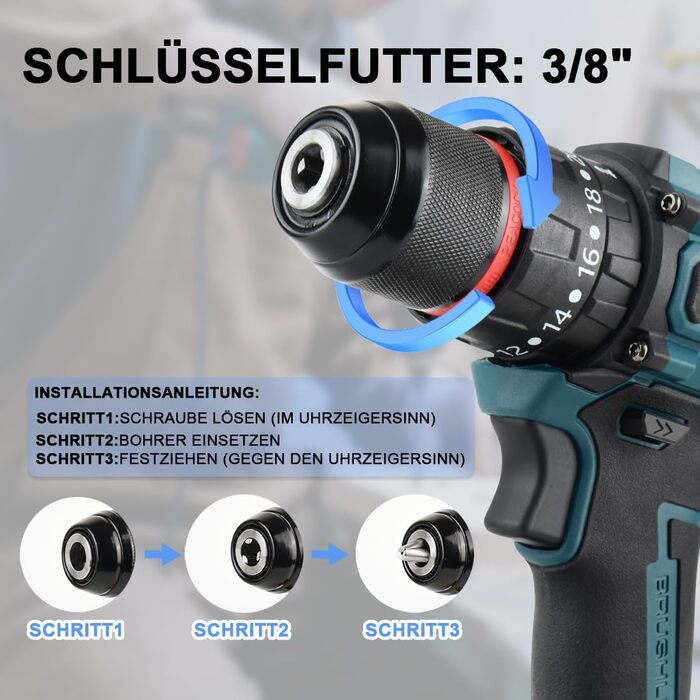 Акумуляторний ударний дриль-шуруповерт сумісний з Makita 18V, 13 мм, безщітковий, 35+3 ступені крутного моменту, 90 Н.м, 2 регульовані ступені, акумуляторний шуруповерт з 3 аксесуарами (без акумулятора) (10 мм для Bosch 18V)