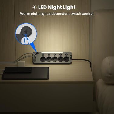 Багаторозеткова панель з вимикачами, 5-портова, з LED-нічником, з нержавіючою сталевою передньою панеллю, кутова, для кухні, з захистом від перенапруги, кабель 2м, чорна