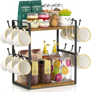 EsLuker.ly 2-Tier Mug Holder and Cup Stand, Mug Rack for Coffee Cups, Coffee Organizer for Countertop, Coffee Station Organizer with Mug Holder, Vintage Brown-Black