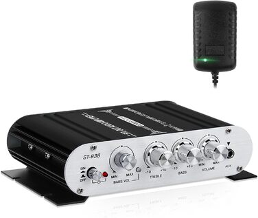 HiFi аудіо підсилювач 2.1-канальний ST-838, стерео, клас D, 20Вт×2+40Вт, з сабвуферним виходом, міні цифровий підсилювач, AUX, для дому та авто, чорний/сріблястий, з адаптером живлення