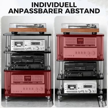 HiFi тумба з колесами для програвача, аудіосистеми та TV 60x52x78 см (алюмінієвий сплав, 4 полиці, LED-підсвітка, розетки)