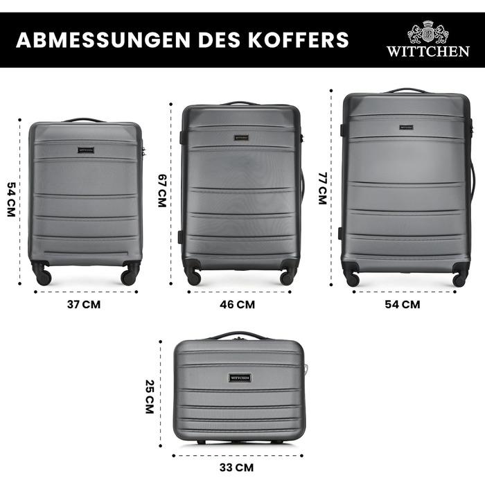 ВалізаWITTCHEN Globe Line сірого кольору (4 шт.): велика, середній, маленька, ручна. ABS, телескопічна ручка, кодовий замок, 4 колеса