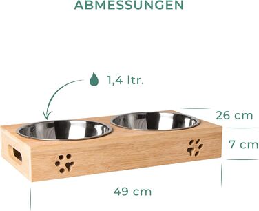 Слюсарка для кормів для домашніх тварин LAUBLUST - підставка для мисок з бамбуку, 2 нержавіючі миски | Миски для корму для собак та котів (приблизно 49 x 26 x 7 см | XL)