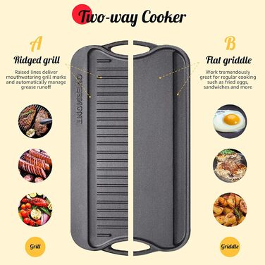 Чавунна двостороння гриль-плита OVERMONT з ручками 43,2×24,9 см для BBQ, духовки, газового та вугільного гриля