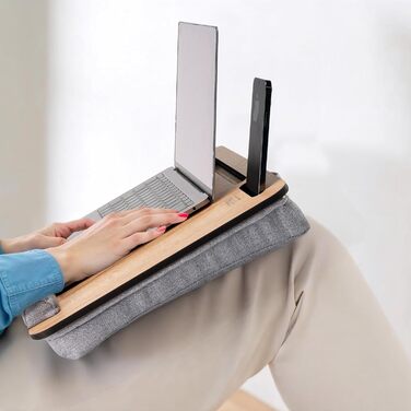 Підставка для ноутбука Vigo Wood з подушкою, портативна, дерев'яна, для дому та офісу, з м'якою підкладкою для зап'ястя, сумісна з ноутбуками та планшетами (волоський горіх, дуб & сірий)