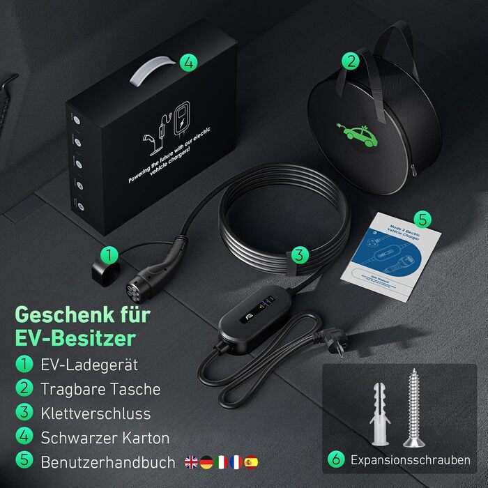 Кабель для зарядки електромобіля Evjuicion Typ 2 Schuko, 3.68kW, 6м, 16A, з індикатором, IP67, для ID.3/4, X1, 5ER, Model Y/3 та інших електромобілів