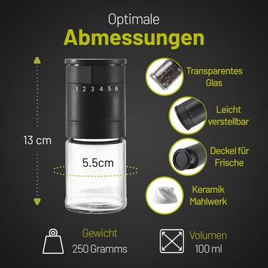 Набір з 2 перцемолок з керамічним механізмом та 6-ступеневим регулюванням – великі соляні та перцеві млини, чорний матовий, ручні, регульовані та з можливістю поповнення. Багатофункціональні