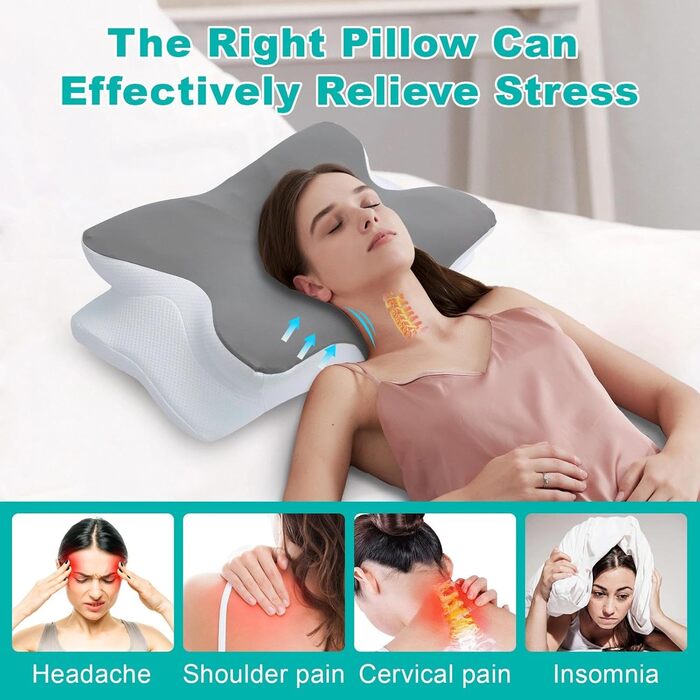 Ортопедична подушка Omtofo з піною з пам'яті для шиї, спини та сну на животі, 63 x 42.5 x 13.8/9 см