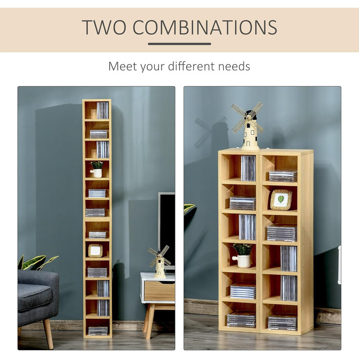 Комплект HOMCOM з 2 стелажів для CD/DVD, 6+6 полиць, 21x19x88 см, до 160 CD, колір бук бежевий, шафа для зберігання дисків