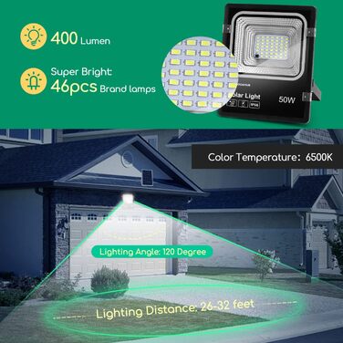 Aigostar 50W Solar Flood Light Outdoor, Super Bright LED Floodlight with Solar Panel, Cool White 6500K, IP66 Protection Grade Solar Spotlight Searchlight Outdoor Spotlight for Garden, Door, Yard, Garage, etc., 2 Pieces