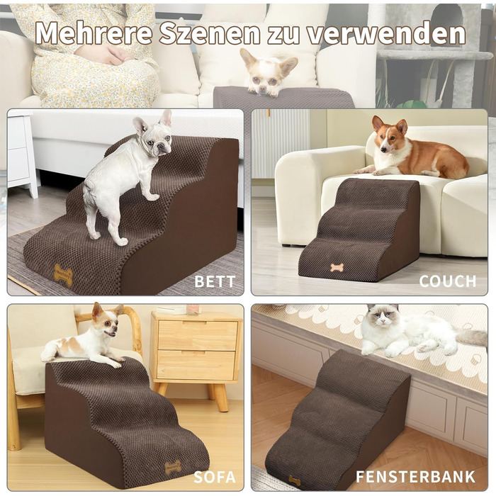Non-slip Dog Stairs for Small Dogs 2-Step, Pet Stairs for Bed and Sofa made of High-Density Sponge, Dog Stairs Dog Ramp with Removable, Washable Cover and Non-Slip Bottom, 55x40x30cm (3 Steps Brown Dog Stairs)