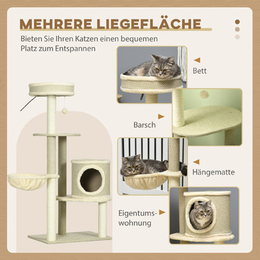 PawHut Драбина для котів на 1-2 котів 124H см Когтедрапалка з 2 лежаками, кошиком, іграшкою-м'ячиком, кімнатний комплекс для котів