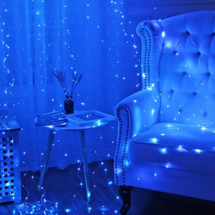 Лямпас світлодіодний Yizhet 3x3м, 300 LED, тепле біле світло, IP65, 8 режимів, для декору вечірки, свята, Нового року, тераси (блакитний)