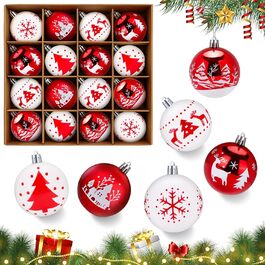 Набір прикрас на ялинку 16 шт. 6 см, пластикові кулі, червоно-білі, міцні, з кріпленням, для декору ялинки в приміщенні та на вулиці
