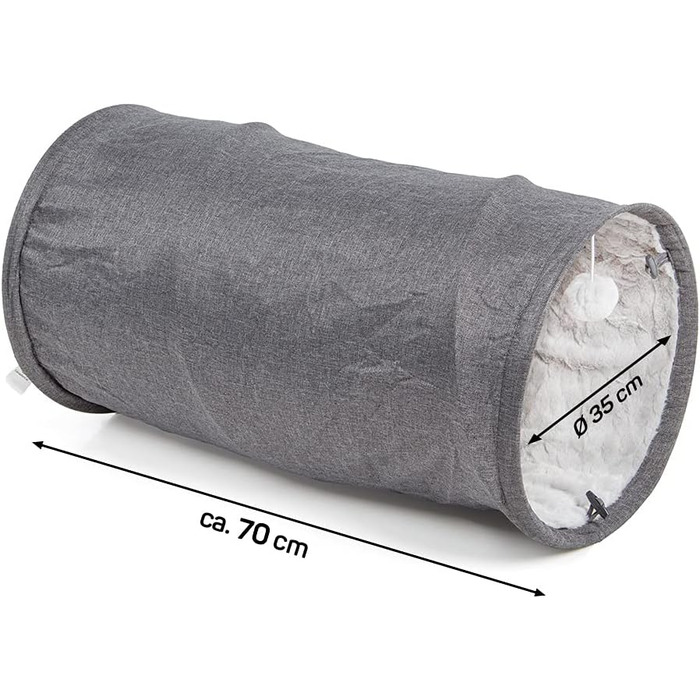 CanadianCat Company | XXL Cat Tunnel with Fluffy Plush | | Approx. 35 x 150 cm - Variable Shape, Integrated Cat Toy (70 x 35 cm, Grey)