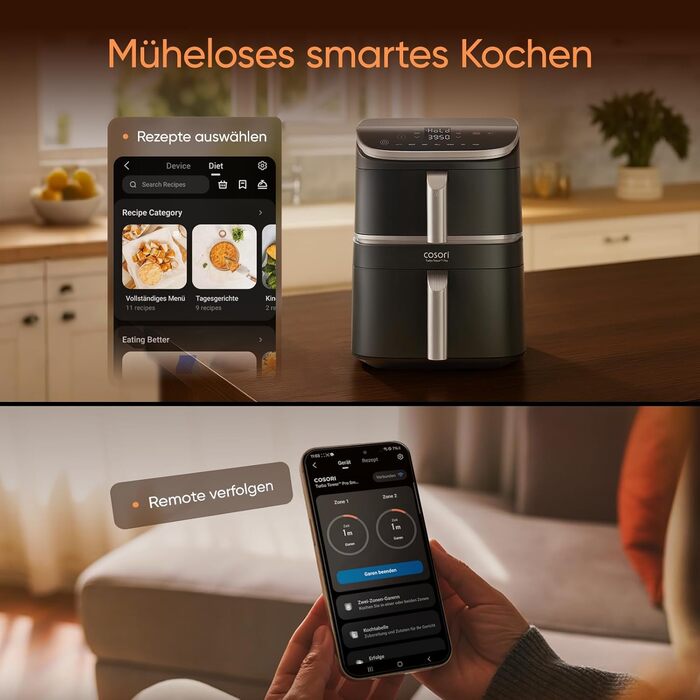 Фритюрниця без олії COSORI Turbo Tower Pro з 2 камерами, 10.8 л, DualBlaze, керамічне покриття, Wi-Fi, автоматичне регулювання повітряного потоку
