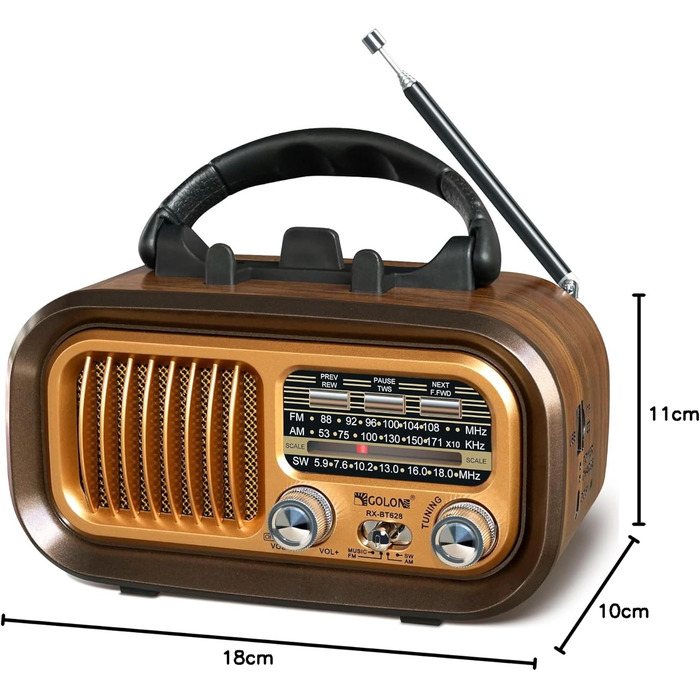 Ретро Радіо Klein з Bluetooth: портативне AM/FM/SW радіо з сонячною панеллю, USB/TF-карта, 1200mAh, золотий колір
