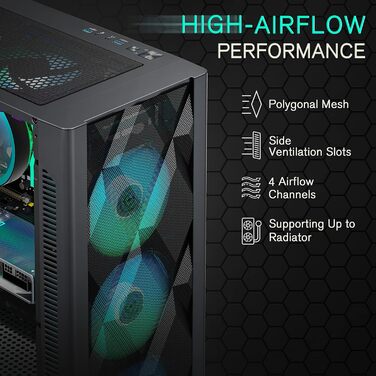 Комп'ютерний корпус MUSETEX ATX з 6 PWM ARGB вентиляторами, сітчаста передня панель, бокова панель з загартованого скла, USB 3.0 x 2, чорний, NN8