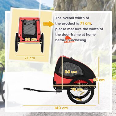 PawHut Причіп для собак, велосипедний причіп для собак, швидкознімні кріплення, водостійкий, оксфордська тканина, сталь, 140 x 71 x 83 см (Червоний)