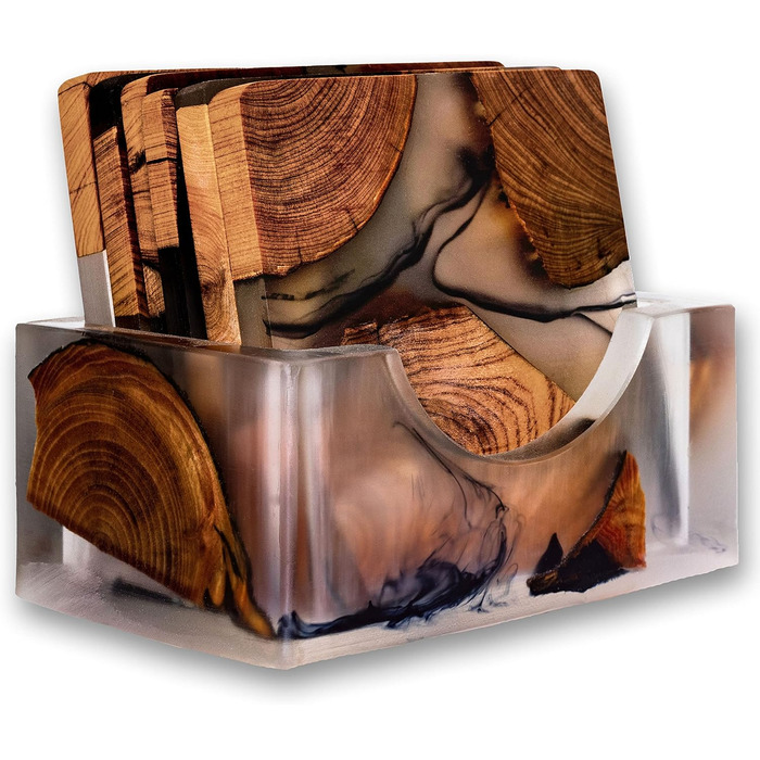 Wooden Coaster Set, Epoxy Coasters, Modern Coasters with Holder, Cedar Wood Coasters (4, add holder)