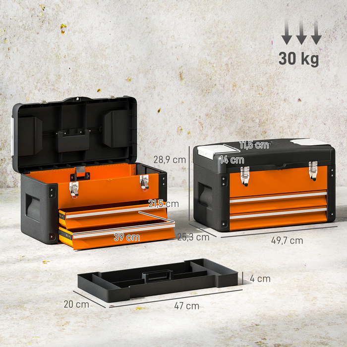 HOMCOM Empty Tool Box, 49.7 x 25.3 x 28.9 cm Tool Case with Drawer, Mini Box, Upper Storage Compartment, Handle, Steel Tool Case, Orange | Aosom