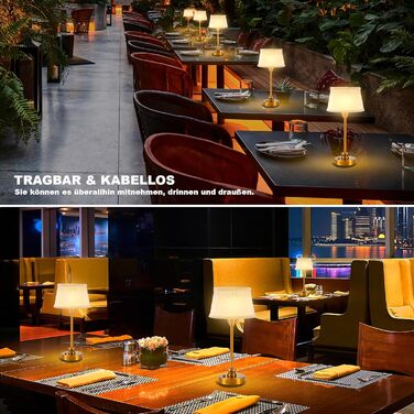 Настільна лампа OCEST з акумулятором, сенсорне керування, регулювання яскравості, для дому, кухні, тераси, їдальні (античне латунь-льон), тканинний абажур 27,5 см