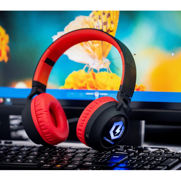 Дитячі навушники PowerLocus Bluetooth Over-Ear з обмеженням гучності 85dB, LED-підсвічуванням, складні, HD Stereo, з мікрофоном для телефону, планшета, ПК, TV (Червоний)