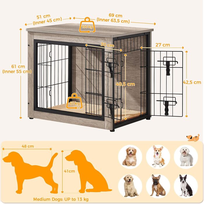 Yaheetech Modern Dog Crate Furniture with Blanket & 2 Doors - Indoor Wooden Dog House for Living Room - Grey, 69x51x61 cm