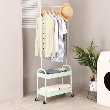 Clothes Rack Coat Stand, Clothes Rail Wheels, Bedroom Clothes Rack, Freestanding Shelf Cart 2 Tier Storage Shelf, Heavy-Duty Rolling Cart Utility Cart Green, WK830503-GN