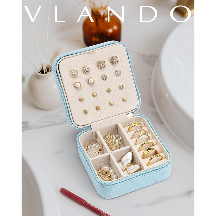 Скринька для прикрас Vlando з екошкіри, маленька, для подорожей, сережки, намиста, з дзеркалом (отвори для сережок, блакитна)