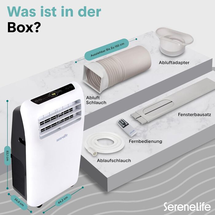 Мобільний кондиціонер SereneLife 9000 BTU з виносним шлангом. 3-в-1: кондиціонер, вентилятор, осушувач повітря. Підходить для кімнат до 42 м². Білий.