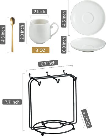 Набір кавових чашок для еспресо LYEOBOH (6 шт.) з підставками та ложками, 85 мл, кераміка, білий