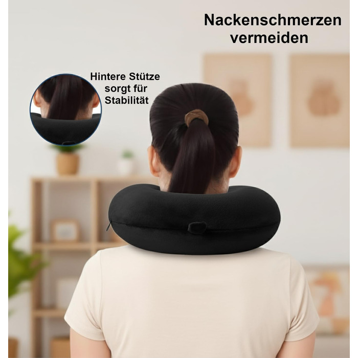 Подушка для шиї Essentials з піною з пам'яті (100%) - U-подібна, з м'яким велюровим чохлом - для подорожей, авто, літака, офісу та дому (Чорна)