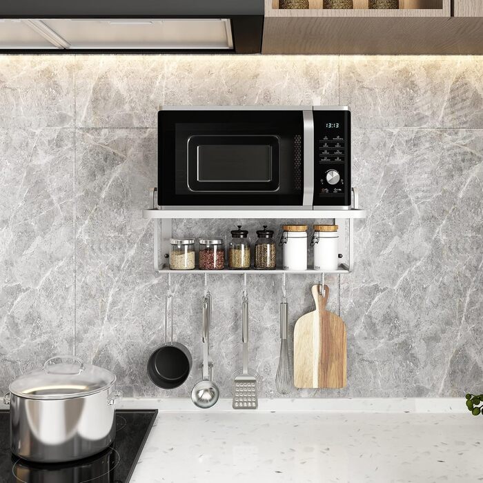 K-101 2-Layer Silver Aluminum Alloy Microwave Rack Oven Stand Kitchen Shelf Holder Wall Mount, Hanging with 10 Hooks