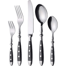 GRÄWE Stainless Steel Cutlery Set for 6 People, Heavy, Rustic, 30-Piece Table Cutlery Set, Forged Cutlery with Black Handles - Nuremberg Series 30-Piece | 6 People