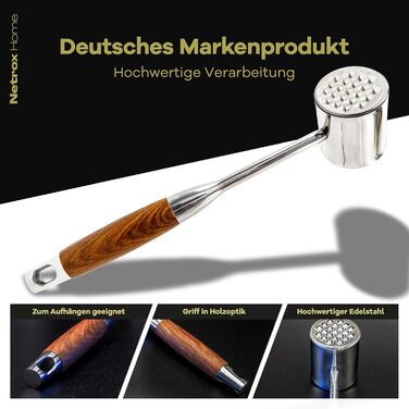 Нітрокс Fleischklopfer з нержавіючої сталі з дерев'яною ручкою - преміум-якість, для приготування шніцелів, миття в посудомийній машині, безпечний для продуктів харчування - молоток для м'яса, ніжний м'ясорубка, молоток для м'яса з нержавіючої сталі, прис