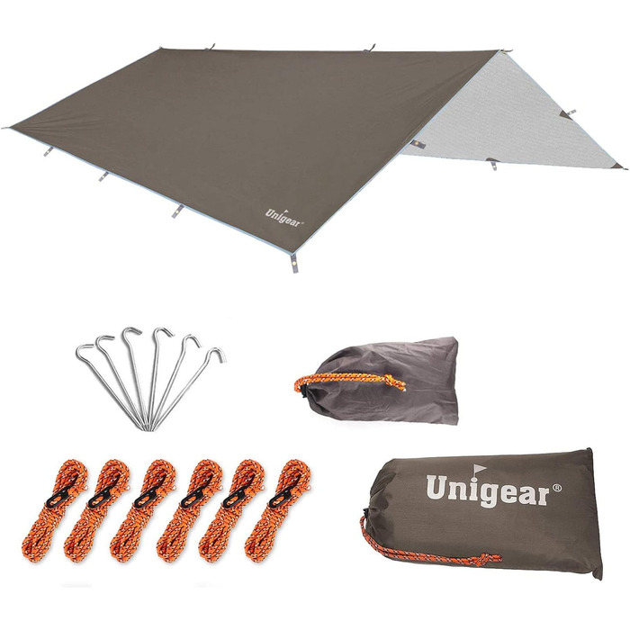 Водонепроникна тентова тканина Unigear 3x3/3x4/3x5/4x4 м для кемпінгу, гамака, захисту від сонця та дощу з кільцями, шнурами та кілочками