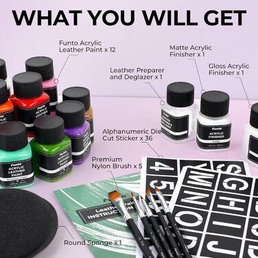 Funto Acrylic Leather Paint Set 12 Colors with Leather Cleaner, 2 Acrylic Gloss Lacquers, 5 Nylon Brushes, a Round Sponge, and 36 Alphanumeric Stickers. Perfect DIY set for shoes, jackets