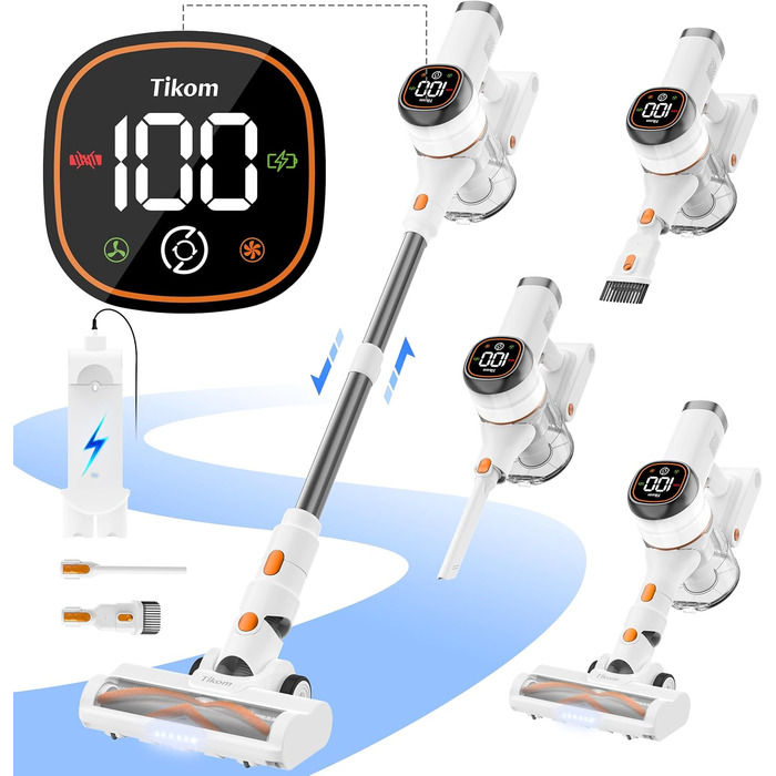 Бездротовий акумуляторний пилосос Tikom V500 450W, 6-в-1, білий. З контейнером 1.3л, для прибирання килимів, шерсті тварин та твердих поверхонь.