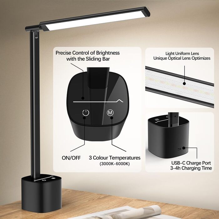 LED лампа настільна Hapfish з торшетом, акумуляторна, торшер для дому, офісу та вулиці (чорна)