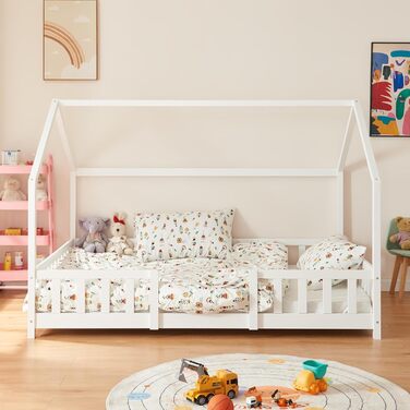 en.casa Kinderbett Sisimiut House Bed 140 x 200 cm with Side Rails, Wooden Bed for Children, Floor Bed, Slatted Frame, Pine Wood, Matt White, 140x200cm