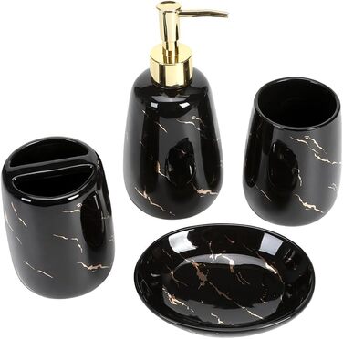 Bathroom Accessory Set, 4-Piece, Black Bathroom Accessory Set, complete with toothbrush holder, toothbrush cup, soap dispenser, soap dish, classic black with gold marble design
