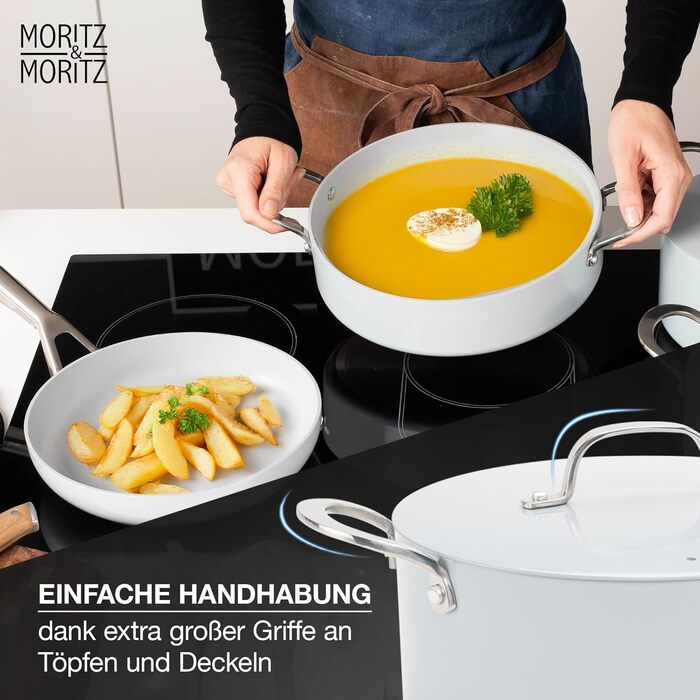Moritz & Moritz 7-Piece Aluminum Cookware Set with Lids, Induction Compatible - 2x Saucepan with Lid, 1x Serving Pan with Lid, and 1x Frying Pan, Induction Cookware Set for All Cooktops, Grey
