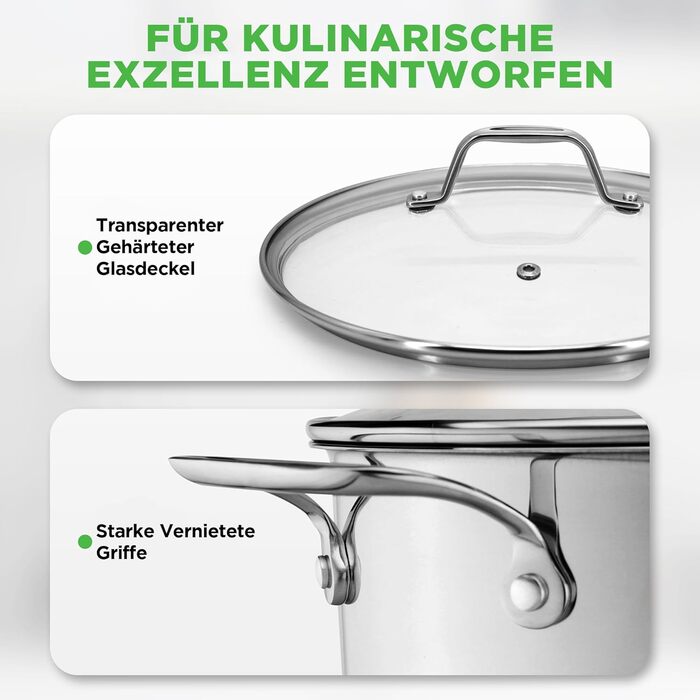 Каструля NutriChef 40 см, 14 л, з кришкою, нержавіюча сталь, для індукції, газу, електро, посудомийної машини, супова, для великих об'ємів