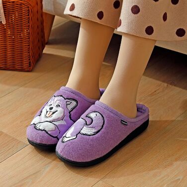 Тапочки халатні жіночі та чоловічі з милим мотивом котів та собак, зимові теплі плюшеві з підкладкою з фетру (40/41 EU, фіолетові)