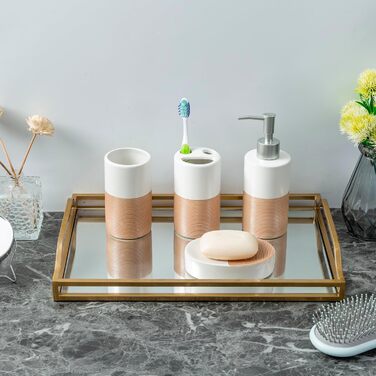 Deluxe 4-Piece Ceramic Bathroom Set with Soap Dispenser, Toothbrush Holder, Cup, and Soap Dish in White and Beige
